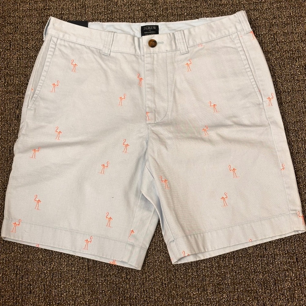 J Crew Gramercy Shorts Mens Size 32W Light‎ Blue Flamingo Print 9" Summer NWT